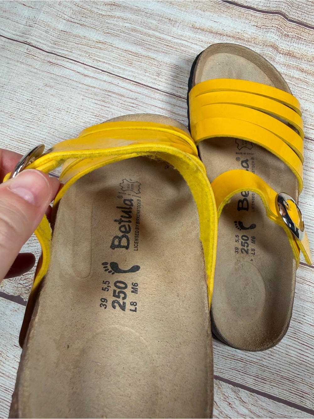 Betula Birkenstock Yellow Patent Strappy Slide Sandals - Picture 8 of 10